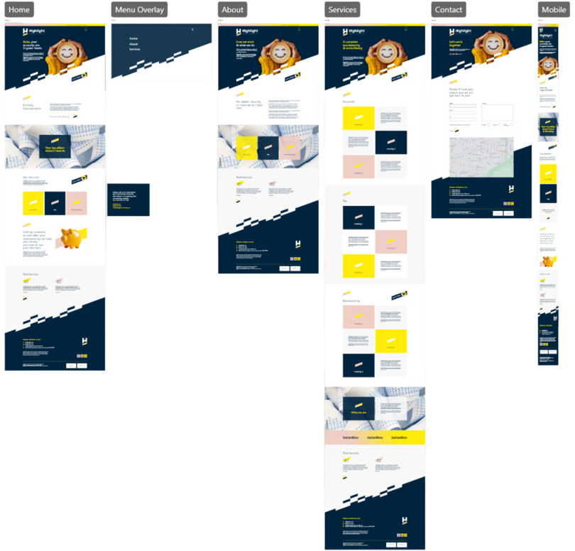 A screenshot of the XD design file showing the layout of the proposed website designs for Highlight Accounting