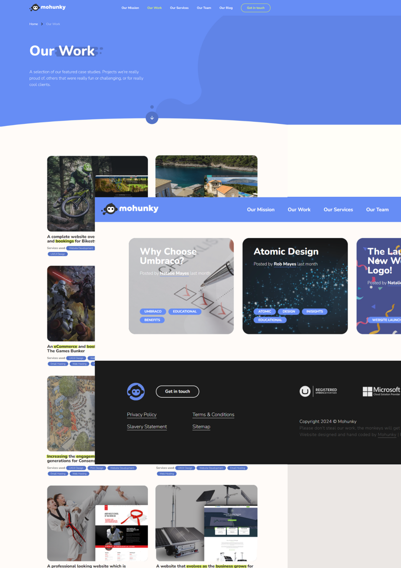 Screenshots of 'our work' and 'blog' pages on the mohunky website