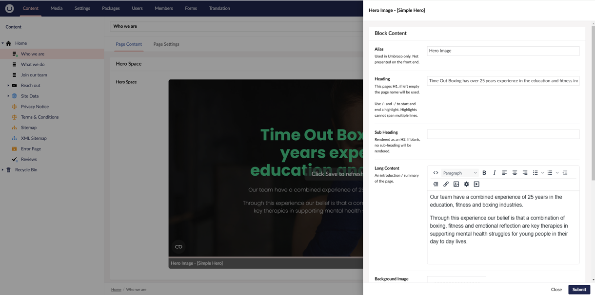 A screenshot of the Timeout Boxing Umbraco Back End editor