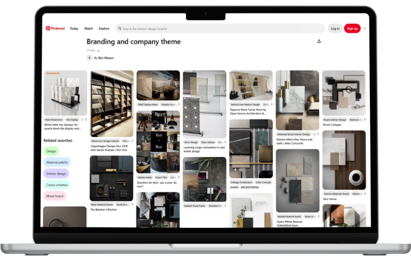 A laptop showing a Pinterest board of design ideas of shapes, colours and textures curated by the client