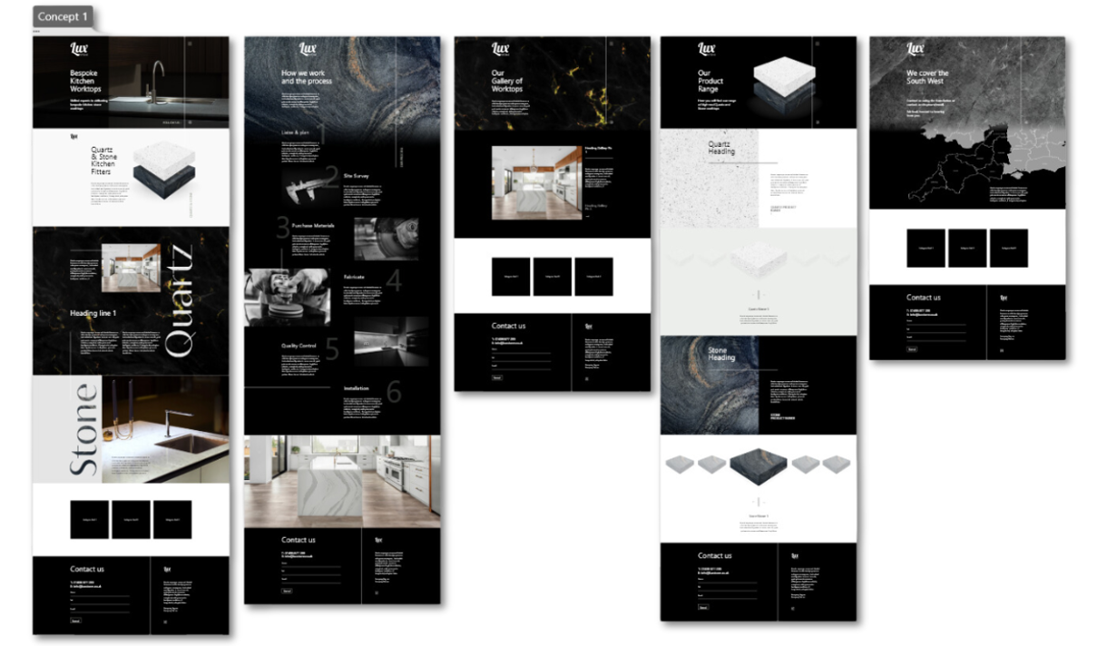 A screenshot of the XD design file showing the layout of the proposed website designs for Lux Stone