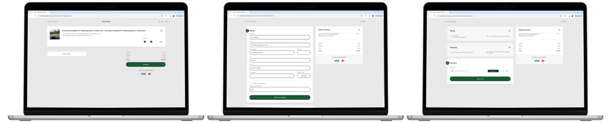 A series of three laptops in a row showing three different stages of a checkout system, adding to basket, adding address and payment details