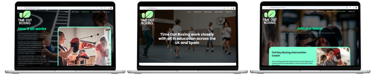 A trio of laptops with each one displaying a different screenshot of the new Timeout Boxing website