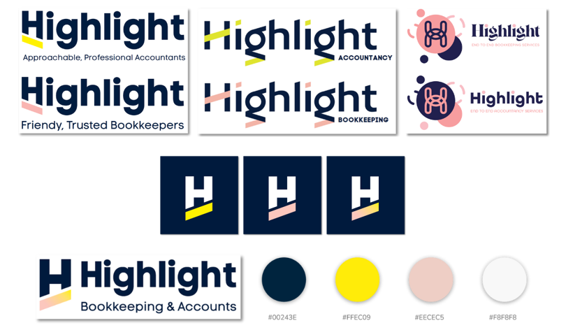 A montage of 3 different design concepts for Highlight Accounting and Bookkeeping. Showing logos and brand colours for both.