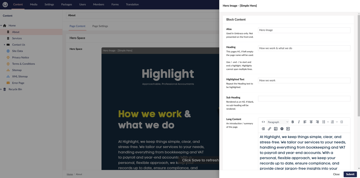 A screenshot of the Highlight Accounting Umbraco Back End editor