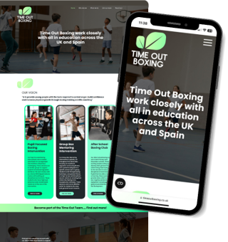 Timeout Boxing - Tile - A screenshot of the home page of the website with an insert of a mobile phone also showing the homepage on mobile view