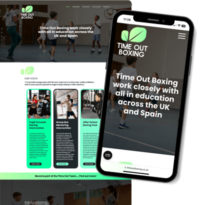 Timeout Boxing - Tile - A screenshot of the home page of the website with an insert of a mobile phone also showing the homepage on mobile view