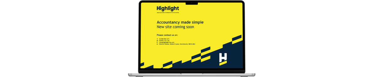 A single laptop showing a holding page with contact details designed for Highlight Accountancy with bold yellow and dark navy design