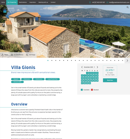 Greek Island Retreats - Property Page - Showing mountain villa with coastal view and example of property information and availability