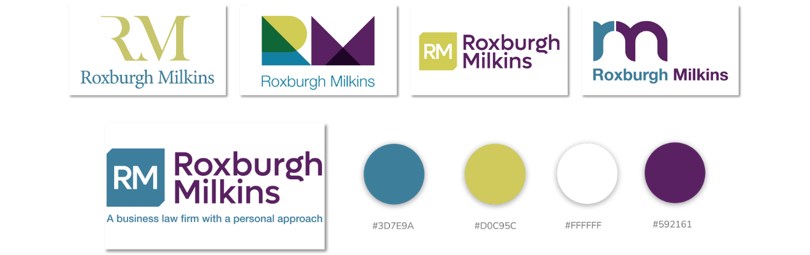 Roxburgh - A montage of different design concepts for Roxburgh Milkins. Showing logos and brand colours for both.