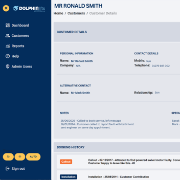 Doplhin Lifts Dashboard Customer View
