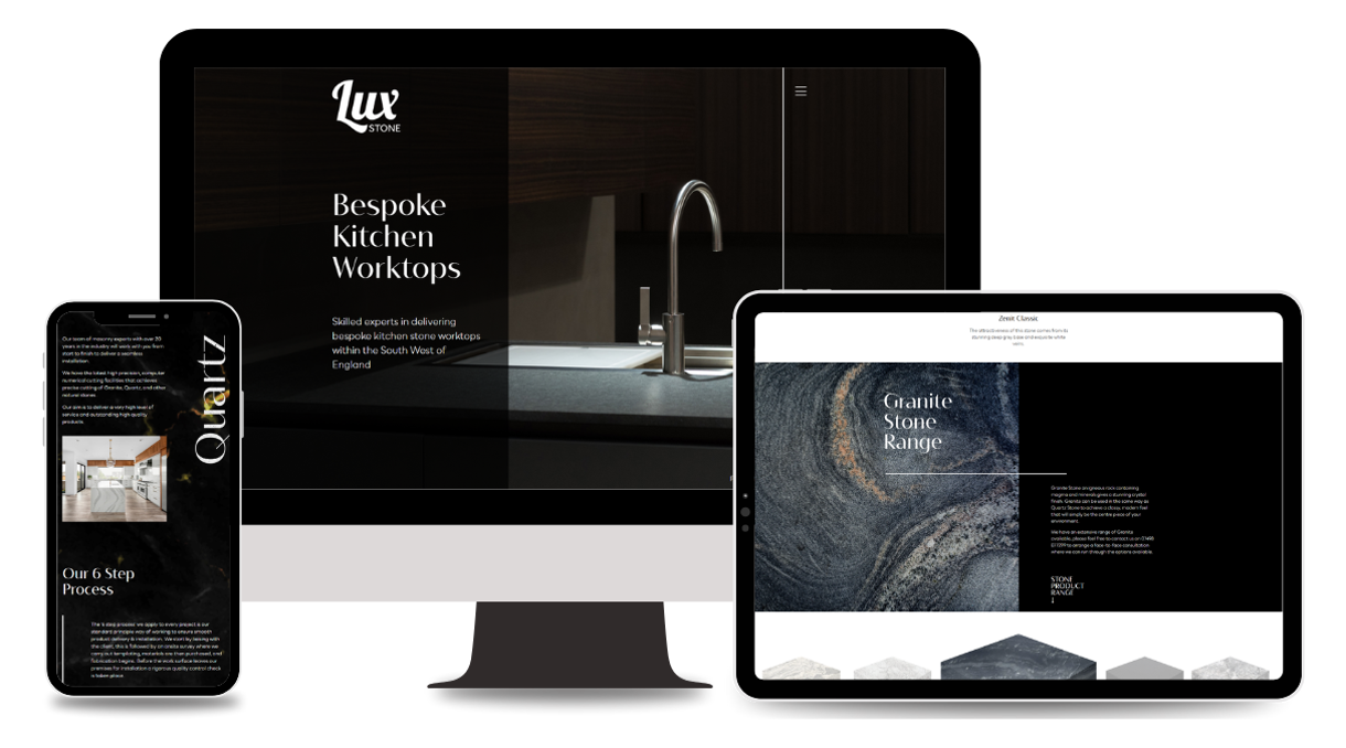 A trio of different digital devices with each one displaying a different screenshot of the new Lux Stone website